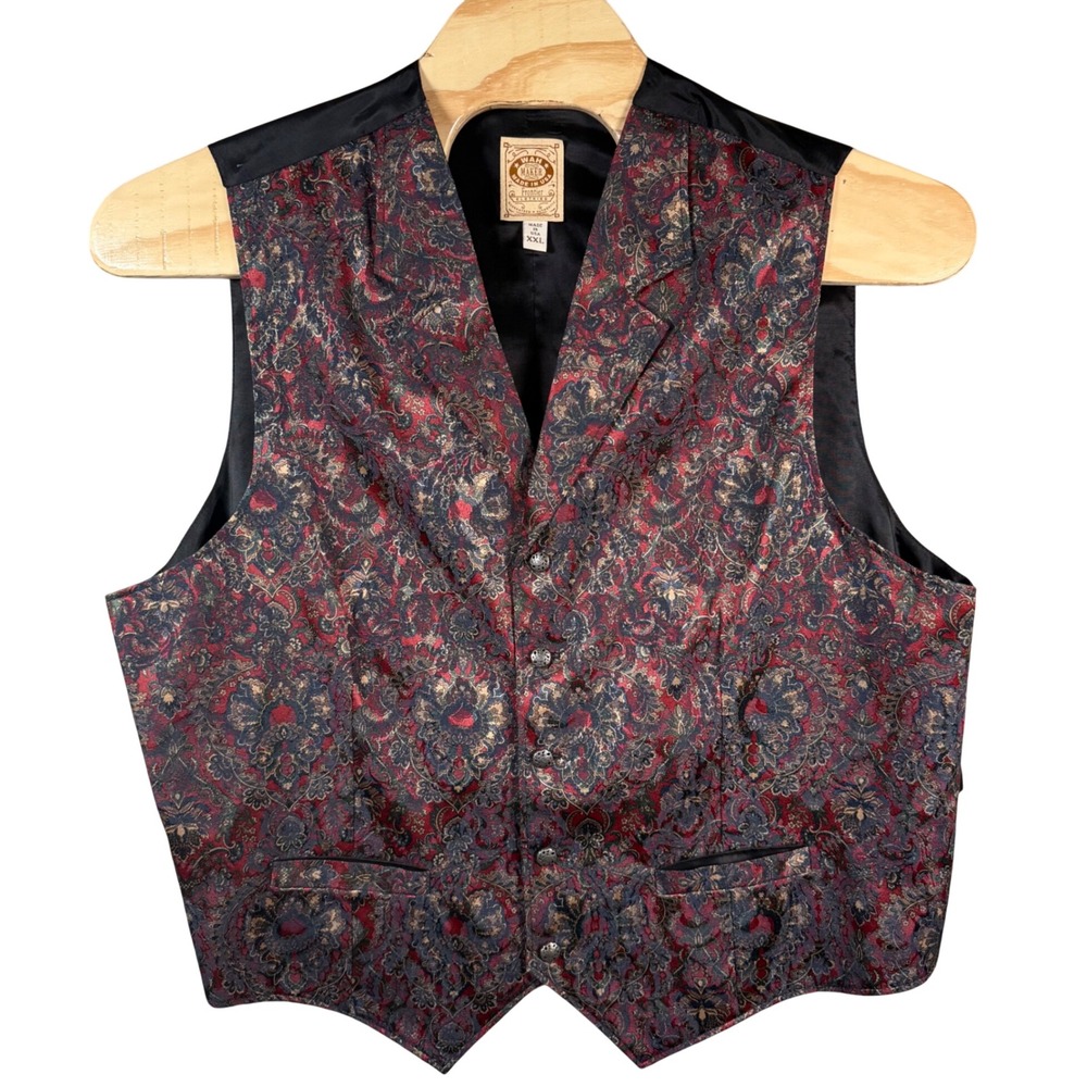 Wah Maker Frontier Vest Mens XXL Red Blue Paisley Brocade Tapestry Western USA